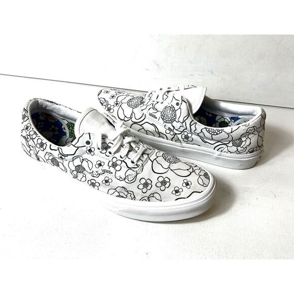 VANS Black White Floral Canvas Skater Shoes Men's 10.5 Low Top Lace Up Womens 12 - Picture 2 of 11
